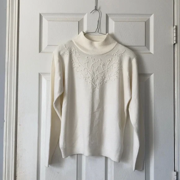 Dress Barn Sweaters | Dress Barn White Bedazzled Beaded Embellished Snow Mock Neck Elegant Sweater M | Color: Silver/White | Size: M | Catherinetay697